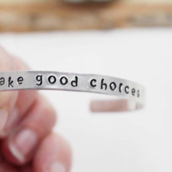 Make Good Choices - Hand Stamped Anodized Aluminum Bangle - Adjustable - Picture 4 of 11